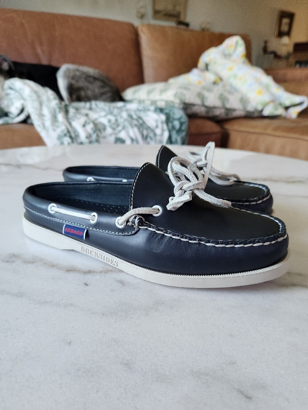 Sebago Dockisides navy leather slide Boat Shoes US 7